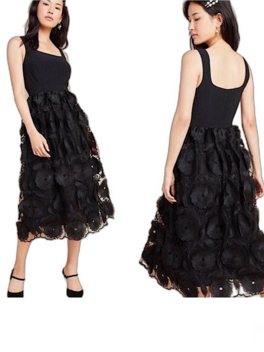 Anthropologie Black Embroidered Floral Midi Dress